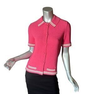 Vintage Kimberly Pink Button Front Collard Polo Cardigan Short Sleeve Knit Top